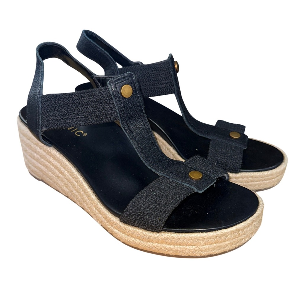 Vionic Calera Wedge Sandals Womens 8 Pre-Owned Espadrille Black Leather T-Strap